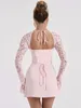 Casual Dresses Mozision Elegant Lace Sheer Long Sleeve Mini Dress For Women Autumn Strapless Lace-up Backless Bodycon Club Party Sexy