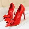 Dress Shoes Red Blue Black Bowknot Sweet Woman Pumps Soft Leather Pointy Toe Women High Heels Stiletto Office Lady