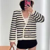 23 PRE Autumn New Black and White Stripe V-Neck Coat Double Row Metal Buckle Short Knitted Cardigan Sweater Short Coat