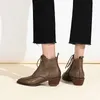 Botas de couro genuíno retro mulheres maduras tornozelo botas apontou toe rendas-up saltos grossos sapatos mulher outono inverno escritório bota sapato 231012