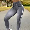 Kvinnors leggings fccexio faux denim tryck hög midja leggings sport fitness leggings tights löpande träningsbyxor skjuter upp fitness leggings s-2xl 231013