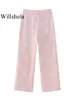 Calças femininas s willshela mulheres moda rosa bordado frontal zíper perna larga vintage cintura alta comprimento total feminino chique senhora calças 231012