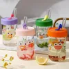 Mokken 550 ml Kawaii Cartoon Glazen Beker Met Deksel en Stro Bubble Thee Koffie Mok Sap Bier Kan Melk Mokka Water Cups Drinkware 231013