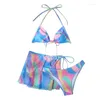 Mulheres Swimwear Verão 3 Pcs Conjuntos de Biquíni Pendurado Pescoço Amarrar Sutiã Tintura Impressão Tanga Oca Out Saia Mulheres Beachwear