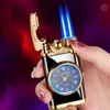 Lighters Creative Clock Rocker Ignition Double Flame Butane No Gas Lighter Metal Outdoor Windproof Turbine Torch Blue Jet