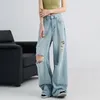 Women's Jeans Women's WCFCX STUDIO Fashion High Street Ripped All-Match Baggy Wide-Leg Denim Pants Blue Aesthetics Trousers