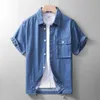 Men's Casual Shirts Japanese Retro Cargo Loose Fitting Denim Shirt For Men Summer Large Pocket Workwear Male Short Sleeve