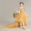 Vestidos de menina dourada com alta baixa quadra de flores do bebê Tulle Crianças de casamento Vestidos de baile de formatura