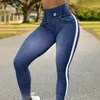 Kvinnors leggings fccexio faux denim tryck hög midja leggings sport fitness leggings tights löpande träningsbyxor skjuter upp fitness leggings s-2xl 231013
