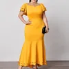 Plus size vestido de sereia 5xl 4xl para mulheres longo fino amarelo cintura alta miçangas mangas curtas festa de aniversário data fora moda robe 2269b