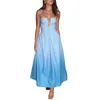 Lässige Kleider für Damen, ärmellos, Spaghettiträger, rückenfrei, ausgehöhlt, Swing-Kleid, Sommer, Farbverlauf, lang, Slip, Blau/Rosa/Gelb