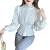 Kvinnor Bluses Women 2023 Fashion Crewneck Puffy Sleeve Stretch Poplin Shirt Vintage Elegant Chic Female White Tops