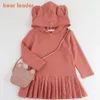 Girls Dresses Bear Leader Dress Brand Baby Blouse Rabbit Ears Hooded Ruched Long Sleeve Children Clothing Clothes 231013