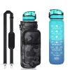 32 OZ Water Bottles Cover Straw Strap Motivational Cup Times to Drink BPA Free 1L Reusable Sports Water Bottle with Sleeve Carrier Outdoor