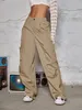 Kvinnors byxor S Y2K 2023 Hip Hop American Style Going Out Flap Pocket Ruched Solid Wide Leg Straight Cargo Streetwear 231012