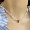 Hanger Kettingen Boheemse Liefde Hart Hele Blauwe Zirkoon Koninklijk Voor Vrouwen Imitatie Parelketting Roestvrij Stalen Sluiting Handgemaakte Mode