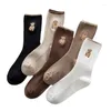 Women Socks 1 Pairs Cute Kawaii Bear Animal Print Stripe Cartoon Fashion For Girls Solid Color Soft