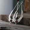 Dangle Earrings Tribal Long Hollow Water Drop With Red Stone Jewelry Female Vintage Antique Silver Color Die-casting Pattern