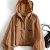 Trench da donna Abbigliamento versatile e leggero con protezione solare per la primavera/estate 2023 Cappotto corto micro trasparente con manica a pipistrello chic con cappuccio