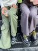 Calças femininas vintage casual verde carga mulheres primavera sólida ajustável elástico cintura alta reta retro streetwear y2k calças