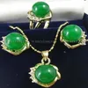 10mm Green Jades Earrings Ring & Necklace Pendant Set plated watch whole Quartz stone CZ crystal239I