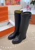 2024 tall boot smooth calfskin Buckle Slip-On Knight Boots chunky heel leather Round toe knee-high riding boots luxury designers flats heel Rubber sole women boot