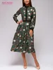 Urban Sexy Dresses S.FLAVOR Elegante grüne bedruckte Langarm-Patchwork-Midi-Kleider für Frauen Vintage A-Linie Working Vestidos 231012