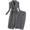 Work Dresses Plaid Suit Women Autumn Winter Long Woolen Blazer & Skirt Set Temperament Tweed Trench Two Piece Plus Size Outfit F18276M