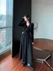 Vestidos casuais senhora v pescoço preto temperamento vestido longo chique ruched retalhos manga max outono inverno estilo francês mulheres