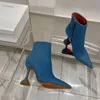 Designer schoenen Amina Muaddi 9,5 cm hiel hoge enkelschoenen puntige dames mode kant zipper denim short laarzen hoge hak laarzen feest banket laarzen
