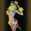 Stage Wear Nightclub Bar Gogo Sexy Costume Yellow Flowers Bikini Rhinestones Headdress Club Party Rave Outfits DJ Dancer Festival Clothing