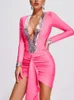 Casual Dresses 2023 Kvinnor Sexig långärmad Deep V Neck glittor paljetter Pink Midi Dress Celebrity Elegant Evening Party Club