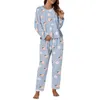 Pijamas femininos com estampa de frutas, flanela quente, conjuntos de pijamas de duas peças, veludo coral, manga comprida, outono e inverno