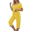 Ropa de dormir para mujer Pijamas de verano para mujer Conjunto de pijama elegante de 2 piezas Cuello en V Color de contraste Ajuste holgado Cintura elástica Pantalones recortados Ropa de dormir