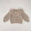 Очаровательный уютный кардиган Ins, осенний вязаный свитер для маленьких девочек, воротник лотоса, воротник с рюшами, милое пальто для малышей, 03 года 231013