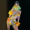 Stage Wear Nightclub Bar Gogo Sexy Costume Yellow Flowers Bikini Rhinestones Headdress Club Party Rave Outfits DJ Dancer Festival Clothing