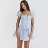 Casual Jurken Suninheart Zomer Blauw Bladerdeeg Mouw Corset Jurk Mini Elegant A-lijn Lace Up Vakantie Feest Vierkante Hals Vrouwen 2023