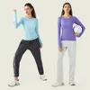 L-9083 Moletons elásticos de gola redonda femininos camisas de manga comprida tops de ioga malha respirável camisetas de secagem rápida fitness wear slim preto camisa de corrida