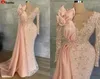 2022 Peach Pink Long Sleeve Prom Formal Dresses Sparkly Lace Beaded Illusion Mermaid Aso Ebi African Evening Gown WJY5919379287