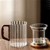 Mugs Creative Vertical Stripe Glass Tea Infuser Cup With Transparent Filter Wooden Handle Lid Flower Separation Mug Drinkware 231013