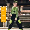 Abbigliamento da palcoscenico Abbigliamento da ballo di strada per bambini Abbigliamento hip-hop per ragazze Top leopardato verde Gilet riflettente Pantaloni hip-hop Costume da performance jazz