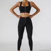 Yoga Outfit 2pc مجموعة Women Wording Sport Gym Wear Suit High Weist Leggings Jailts Front Zipper Bra Fitness Crop Top Sportswear 231012
