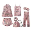 Cinta pijamas pijamas femininos 7 peças rosa pijamas conjuntos de cetim seda lingerie homewear pijamas conjunto para wom210e
