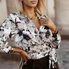 Blouses Femmes Femmes Sexy Wrap Col V À Lacets Blouse Printemps Motif Imprimer Creux Slim Bandage Top Automne Manches Longues Bureau Dame Chemise