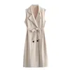 Women's Trench Coats 2023 Autumn Bow Waist Double-breasted Beige Suede Loose Long Sleeveless Windbreaker Jacket