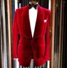 Herrdräkter röda sammet män med svarta byxor sjal lapel brudgum tuxedo för bröllop anpassade mode blazer 2 bitar (jacka byxor)