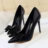 Dress Shoes Red Blue Black Bowknot Sweet Woman Pumps Soft Leather Pointy Toe Women High Heels Stiletto Office Lady