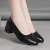 Dress Shoes Moern City Thick Heel Women's 2023 Spring Soft Leather Work Shoe Comfortable Mother Bottom Female