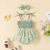 Rompers 2023 Summer Baby Girls Romper Set Spaghetti Straps Pleated Flower Print Tulle Patchwork A-Line Dress with Bowknot pannband