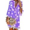 Casual Dresses Loose Deep V Neck Pullover Boho For Women 2023 Summer Daisy Print 3/4 Sleeve Tassel V-Neck Dress Vestidos de Mujer